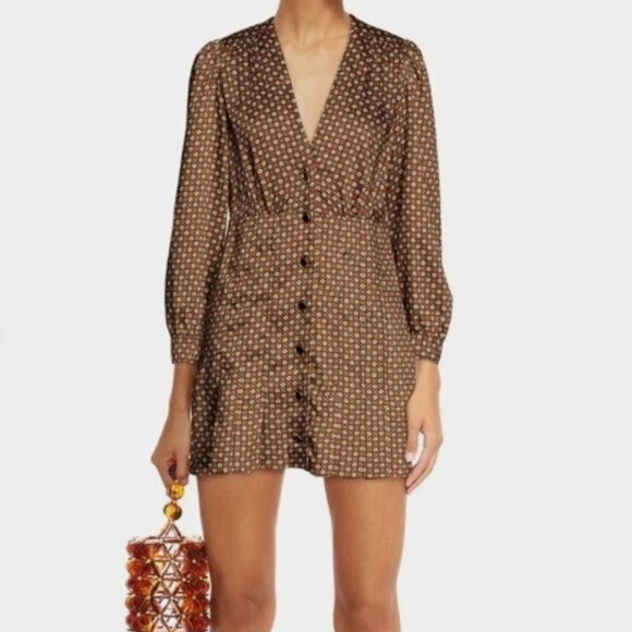 sandro Women's Paris Button Front Printed Twill Mini Dress Brown Size 38/6 00036 - Picture 1 of 5